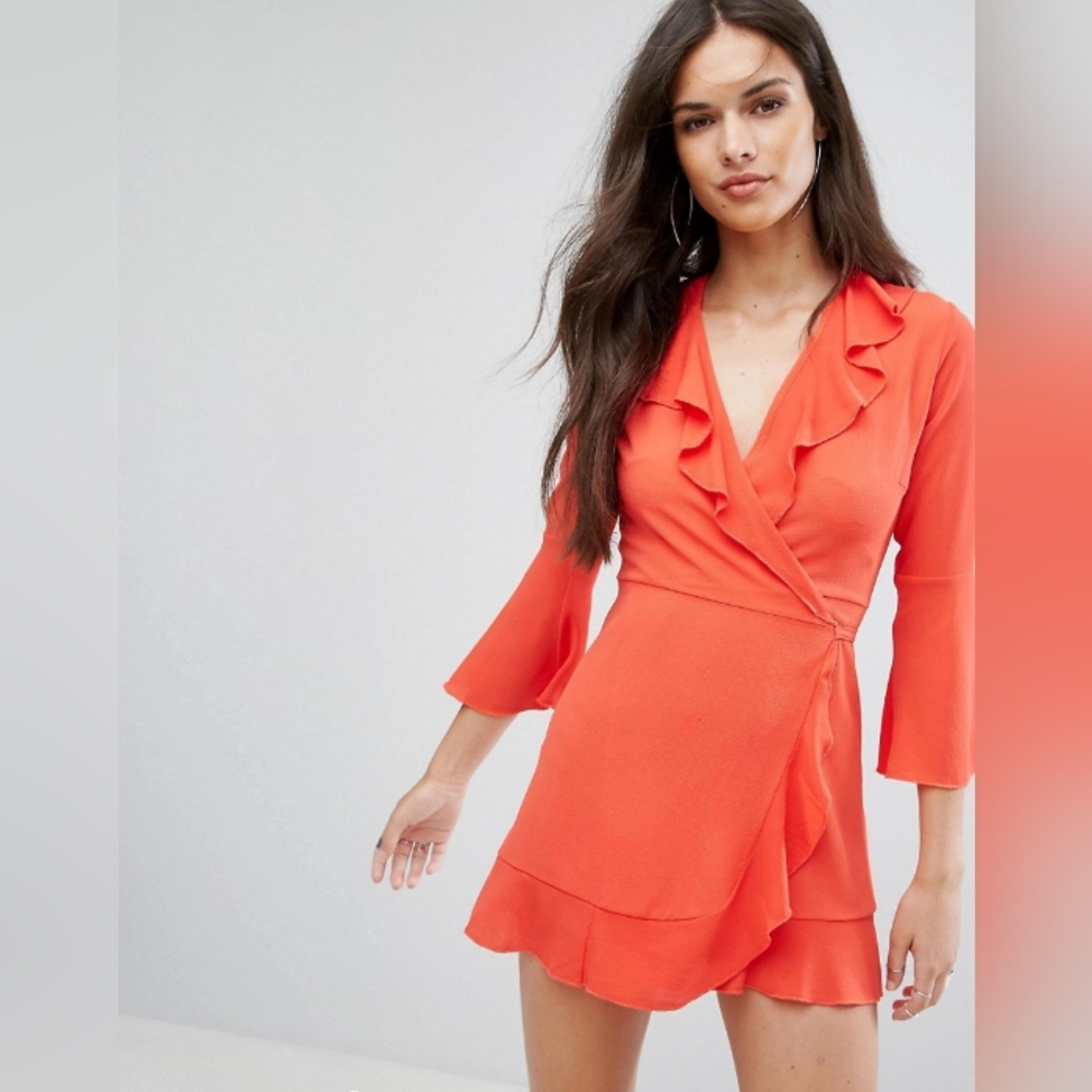 NWT ASOS Outrageous Fortune Neon Red/Orange Ruffle Wrap Dress Women's Size 4